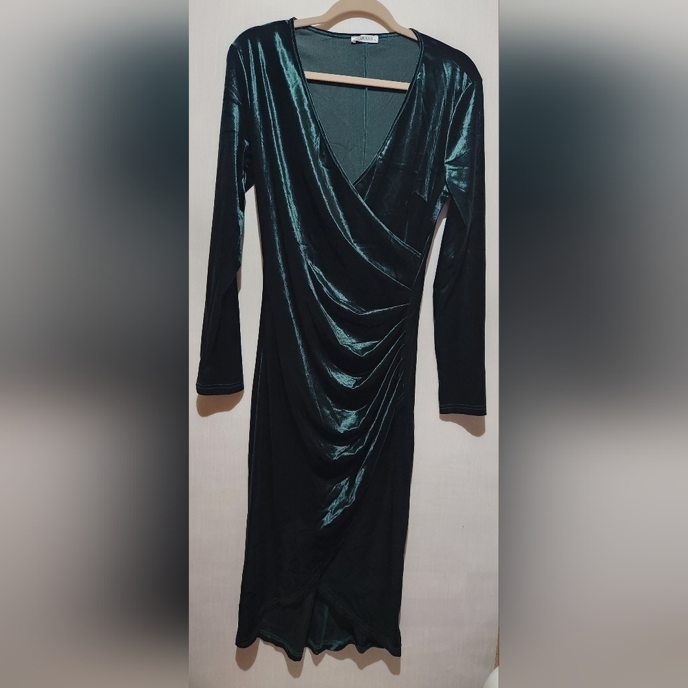 DIRASS Women's Elegant Velvet Long Sleeve Wrap VNeck Ruched Bodycon Cocktail Pa - Picture 3 of 8